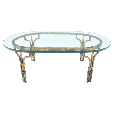 Pre-owned Mcguire Faux Metal Bamboo Base Racetrack Oval 3/4" Thick Glass Top Coffee Table Mint! In Gray
