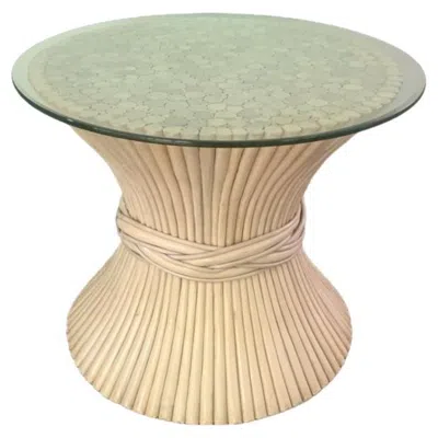 Pre-owned Mcguire Furniture Wheat Sheaf Rattan Glass Top Side Table In Sand