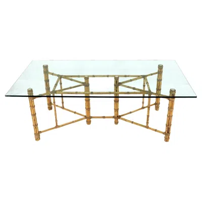 Pre-owned Mcguire Large Glass Top Bamboo & Leather Straps Frame Dining Conference Table By  In Sand