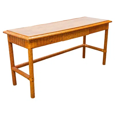 Pre-owned Mcguire Leather Basket Weave Glass Top Foyer Console Table Attributed To  In Brown