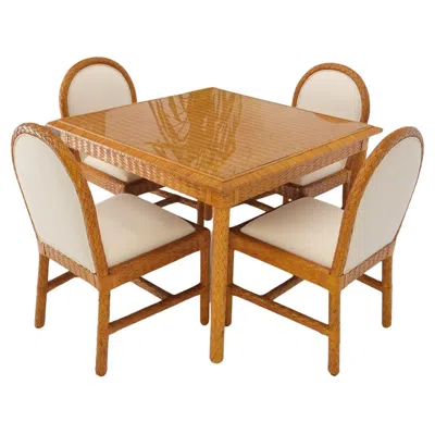 Pre-owned Mcguire Leather Basket Weave Wicker Style Square Dining Room Table 4 Chairs Glass Top In Brown