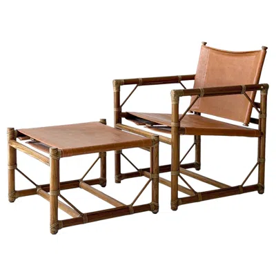 Pre-owned Mcguire Leather Campaign Chair + Ottoman By Eleanor Forbes For  In Brown