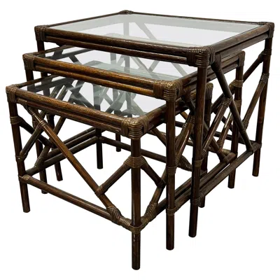 Pre-owned Mcguire Mid-century Rattan And Glass Top Nesting Tables, Set Of Three In Black