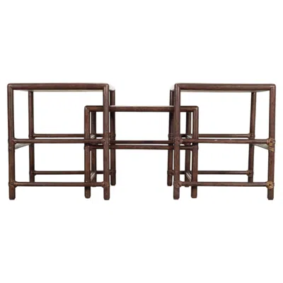 Pre-owned Mcguire Nest Of Three  Rattan Cane Raffia And Oak Side Tables In Brown