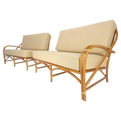 Pre-owned Mcguire New Gold Linen Upholstery Bamboo 2 Part Sectional Sofa C1970s Mint!