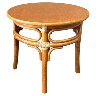 Pre-owned Mcguire Oak & Rattan Round Side Table By  Furniture Co. In Brown