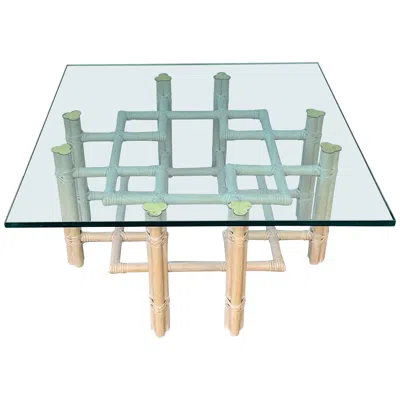 Pre-owned Mcguire Organic Modern Chippendale Style Cerused Rattan & Brass Coffee Table By  In Gray