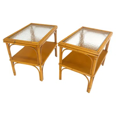 Pre-owned Mcguire Pair C1970s Bamboo Rattan Two Tier Rippled Glass Top Rectangle End Side Tables In Brown