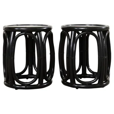 Pre-owned Mcguire Pair  Lacquered Rattan Taborette Drum Drink Tables In Brown