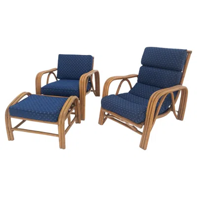 Pre-owned Mcguire Pair Of His & Hers Rattan Bamboo Mid Century Modern Lounge Chairs Ottoman Mint! In Black