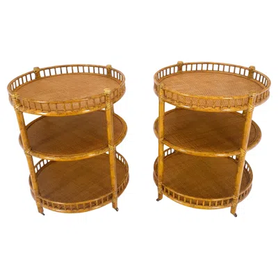 Pre-owned Mcguire Pair Of Maguire Round Reed & Cane Three Tier Gallery Top Serving Tables Stands In Brown
