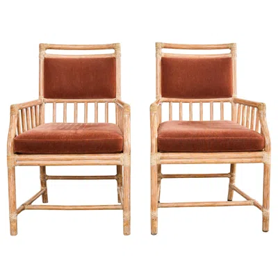 Pre-owned Mcguire Pair Of  Cerused Rattan Mohair Library Armchairs In Sand