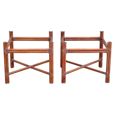 Pre-owned Mcguire Pair Of  Organic Modern X-base Rattan End Tables, Glass Tops Included In Brown