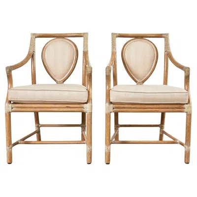 Pre-owned Mcguire Pair Of  Rattan Leona Loop Back Dining Armchairs In Sand