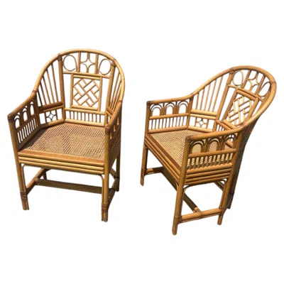 Pre-owned Mcguire Pair Of  Style Brighton Pavilion Rattan And Cane Armchairs In Brown