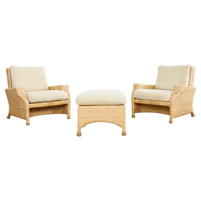 Pre-owned Mcguire Pair Of  Wicker Rattan Lounge Chairs And Ottoman In Sand