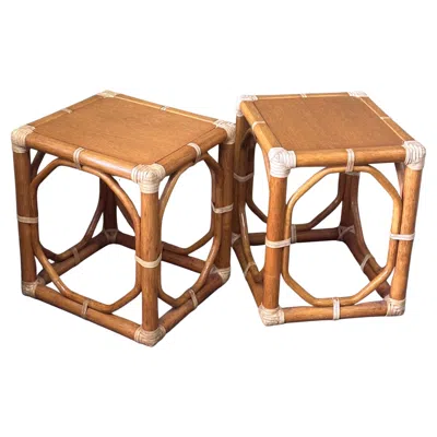 Pre-owned Mcguire Pair Of Oak & Rattan Side Tables / Stools By  Furniture Co. In Brown