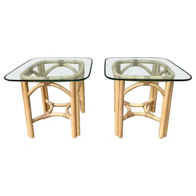 Pre-owned Mcguire Pair Of Vintage Coastal Style Rattan Glass-top Side Tables, Circa 1980s In Sand