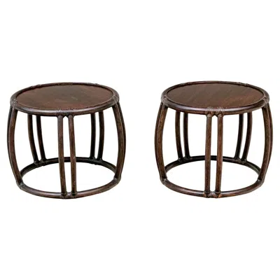 Pre-owned Mcguire Pair Of Vintage  Rattan Round Drum Form Side Tables In Brown