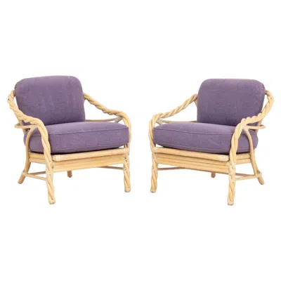 Pre-owned Mcguire Pair Of Vintage  Twisted Rattan Armchairs With Purple Cushions
