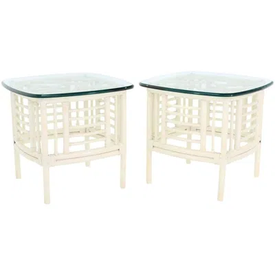 Pre-owned Mcguire Pair Of White Rattan Glass Top Mid-century Modern Side Tables