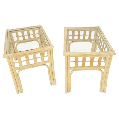 Pre-owned Mcguire Pair Of White Wash Pickle Finish Rattan Rectangle Glass Top End Side Tables Mint