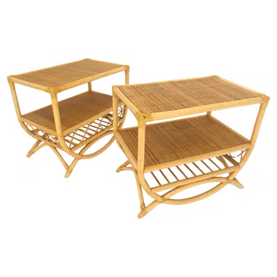 Pre-owned Mcguire Pair Rattan Bamboo Grass Cloth Top Two Tier End Side Tables Stands Magazine Rack In Green