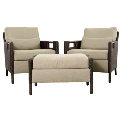 Pre-owned Mcguire Pair Thomas Pheasant  Rattan Lounge Chairs + Ottoman In Brown
