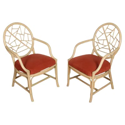 Pre-owned Mcguire Pair Vintage  Bamboo Chairs With New Coral Chenille Cushions In Red