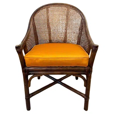 Pre-owned Mcguire , Rattan And Bamboo Set Of 4 Armchairs With Orange Cushions
