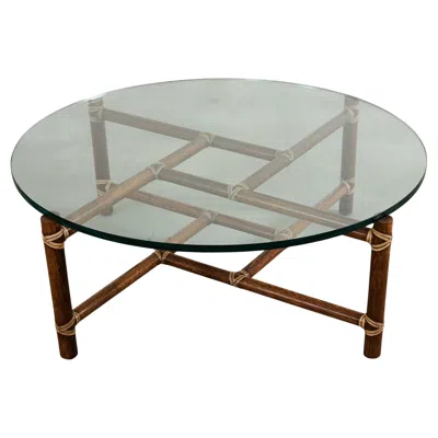 Pre-owned Mcguire Round Oak Leather Glass Top Cocktail Table In Brown