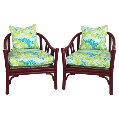 Pre-owned Mcguire San Francisco Rattan Club Chairs, Brunschwig & Fils Fabric In Green