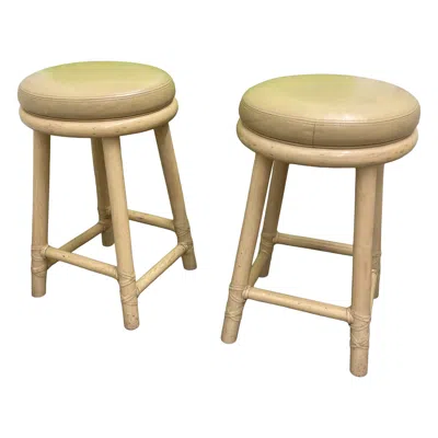 Pre-owned Mcguire San Francisco Whitewashed Rattan Leather Stools, A Pair In Brown