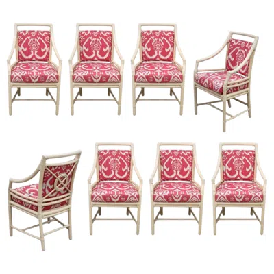 Pre-owned Mcguire Set Of Eight  Rattan Target Arm Chairs Or Dining Chairs Upholstered Back In Sand