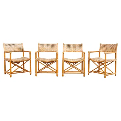 Pre-owned Mcguire Set Of Four  Laced Rawhide Rattan Dining Armchairs In Sand