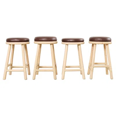 Pre-owned Mcguire Set Of Four  Organic Modern Lacquered Rattan Bar Stools In Brown