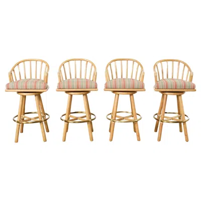 Pre-owned Mcguire Set Of Four  Organic Modern Rattan Oak Swivel Barstools In Brown