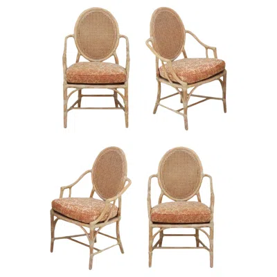 Pre-owned Mcguire Set Of Four  Rattan Oval Cane Back Dining Armchairs, Organic Modern Style In Brown