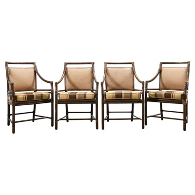 Pre-owned Mcguire Set Of Four  Rattan Target Upholstered Dining Armchairs In Brown