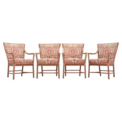 Pre-owned Mcguire Set Of Four  Spindle-back Rattan Ikat Dining Armchairs In Brown
