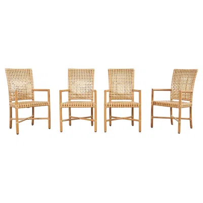 Pre-owned Mcguire Set Of Four  Woven Rawhide Rattan Dining Armchairs In Sand