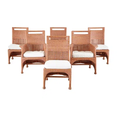 Pre-owned Mcguire Set Of Six  Coral Wicker Rattan Dining Chairs In Red