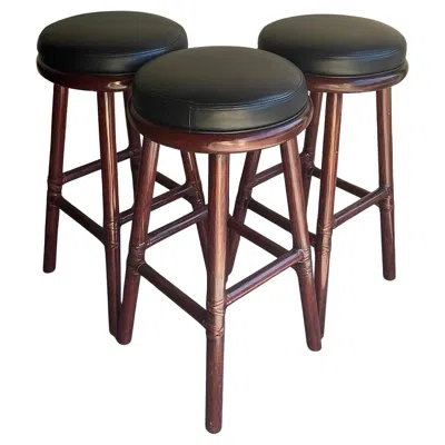Pre-owned Mcguire Set Of Three Bamboo & Leather Bar Stools By  Furniture Co. In Black