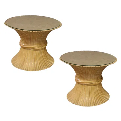 Pre-owned Mcguire "sheaf Of Wheat" Stacked Hourglass Rattan End Table, Pair In Brown