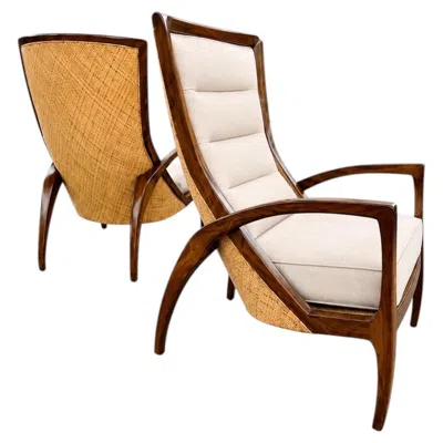 Pre-owned Mcguire Staggering Pair Of Organic Grasshopper Chairs In Cane And Oak By  In Brown