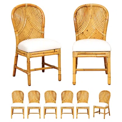 Pre-owned Mcguire Stellar Restored Set Of 8 Rattan Parquetry Bistro Chairs By , Circa 1975 In Orange