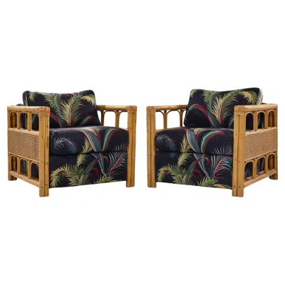 Pre-owned Mcguire Style Mid Century Rattan Club Lounge Chairs - Pair In Black
