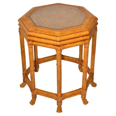 Pre-owned Mcguire Style Octagonal Bamboo Burl Veneer Leather Bindings Glass Accent Table In Brown
