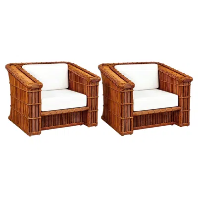 Pre-owned Mcguire Sublime Pair Of Large-scale Vintage Rattan And Cane Basket Loungers By  In Brown