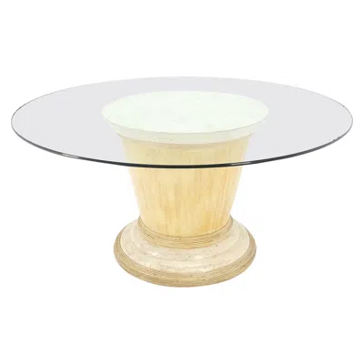 Pre-owned Mcguire Tessellated Tile Bamboo Single Pedestal 3/4" Thick Round Glass Top Dining Table In Sand